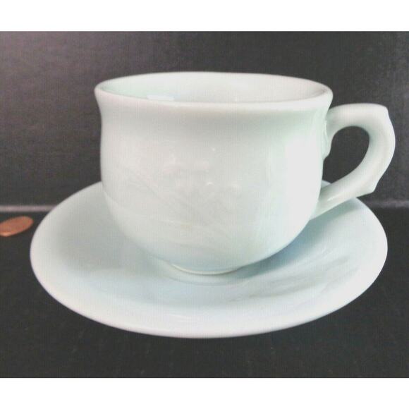 Asian Flower Green Heavy Jadeite TEA CUP & SAUCER Coffee Mug Set Raised Designs - Picture 2 of 9